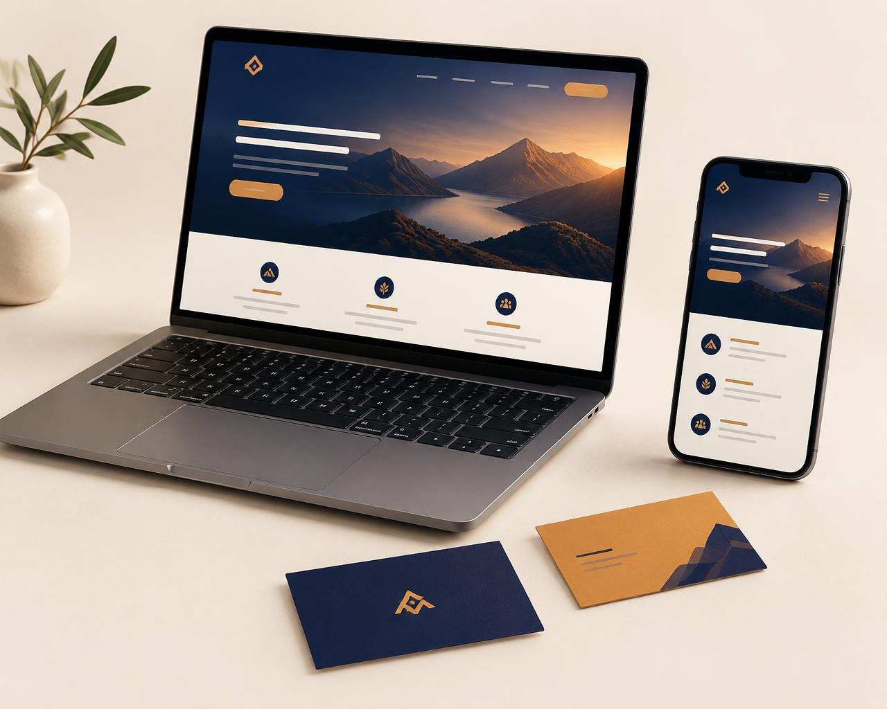 Website on laptop and phone with matching business cards